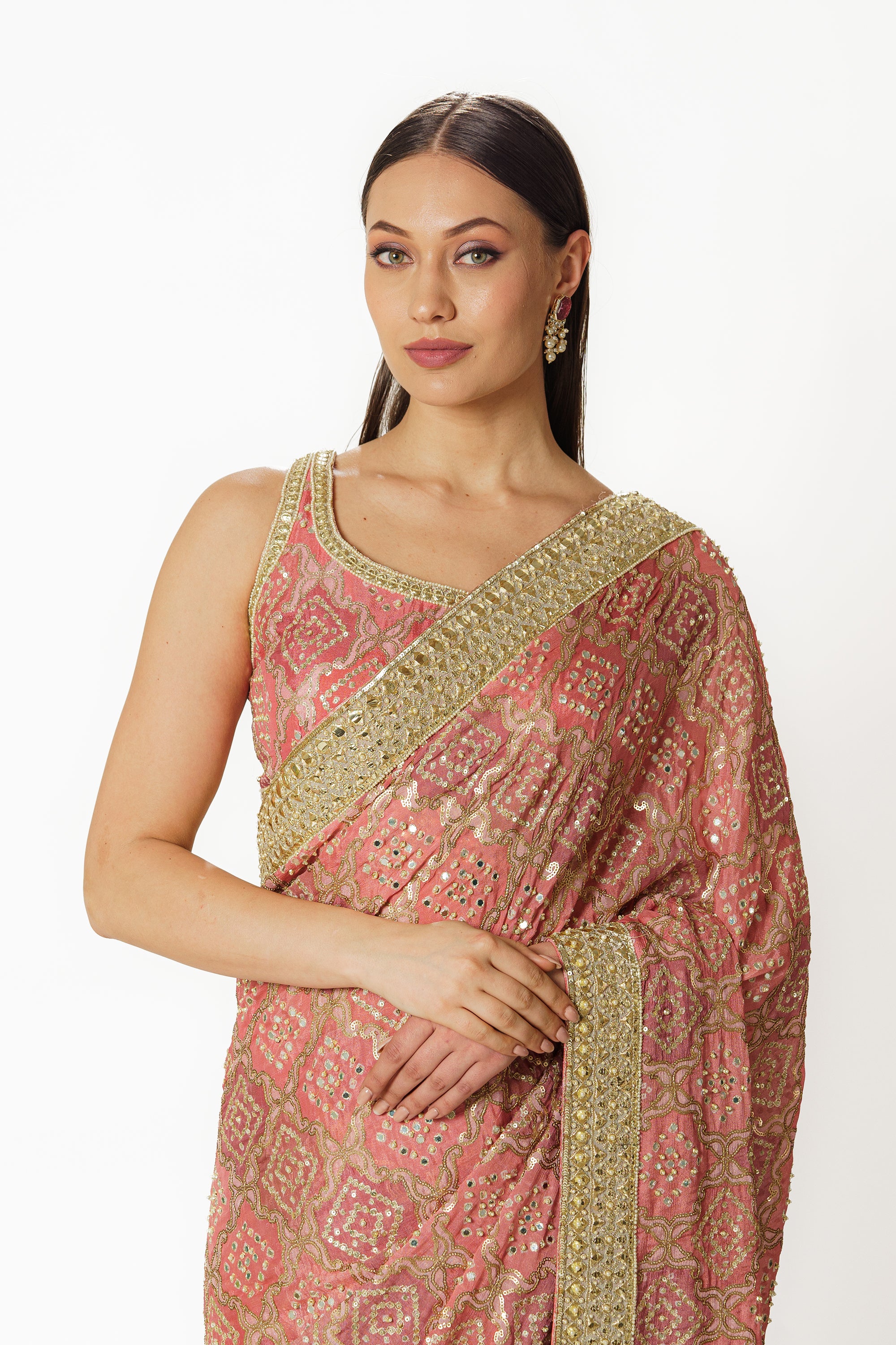 Zaynab pink hand embroidered bandhani sari set