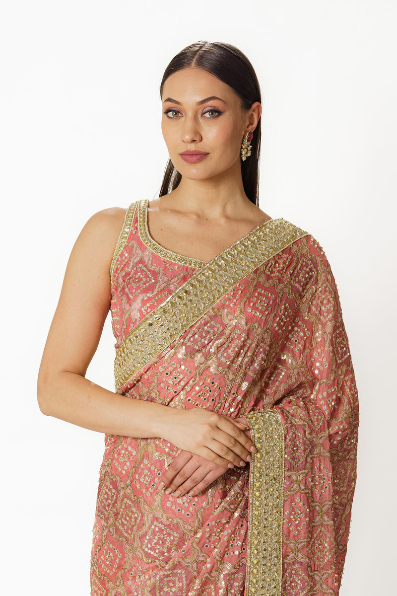Zaynab pink hand embroidered bandhani sari set