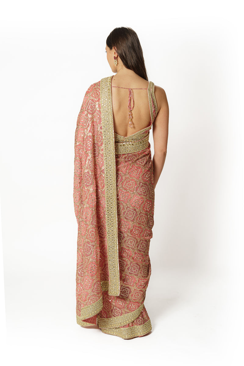 Zaynab pink hand embroidered bandhani sari set