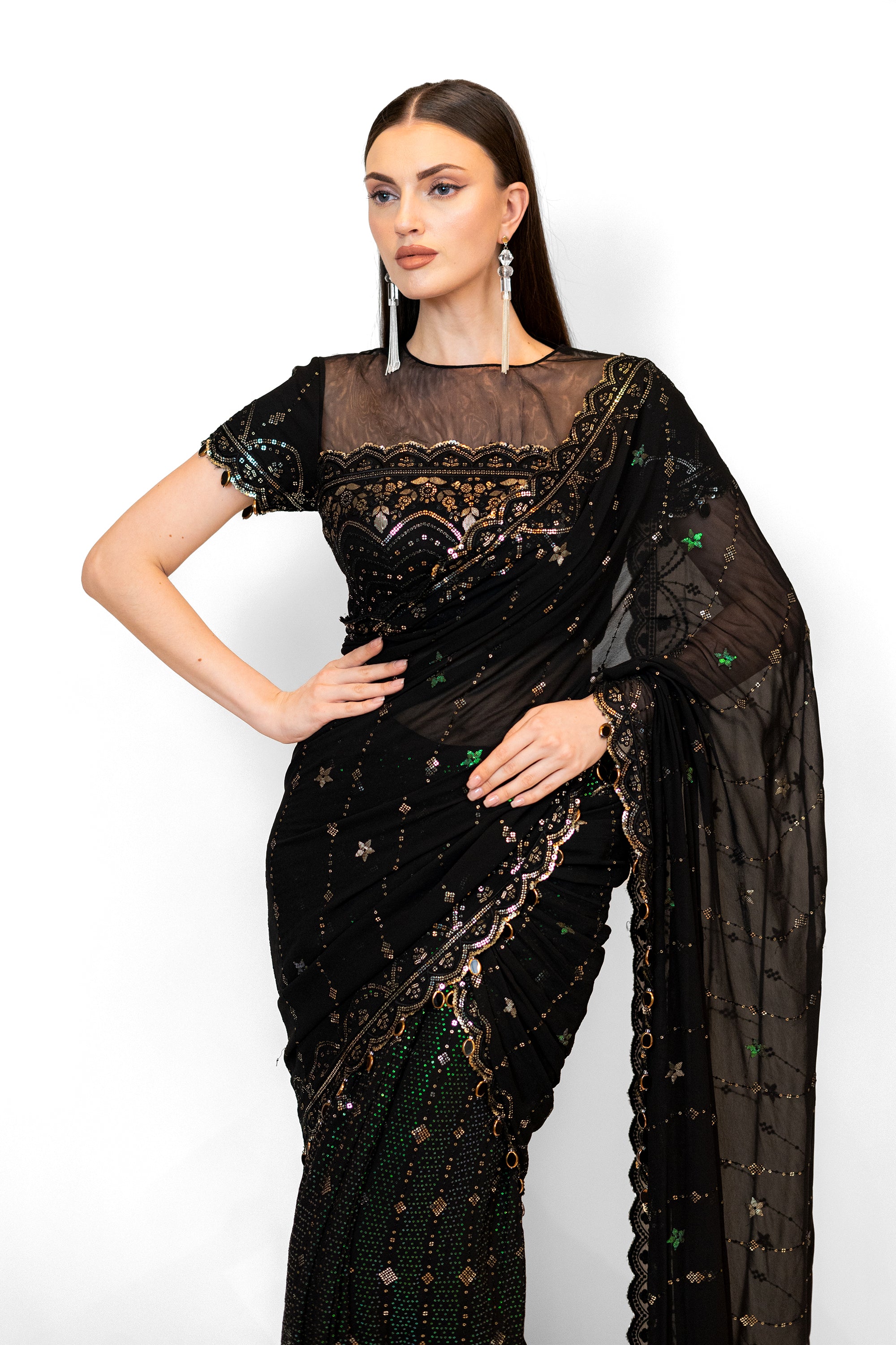 Black Stitched Georgette SAIRAA SARI SET