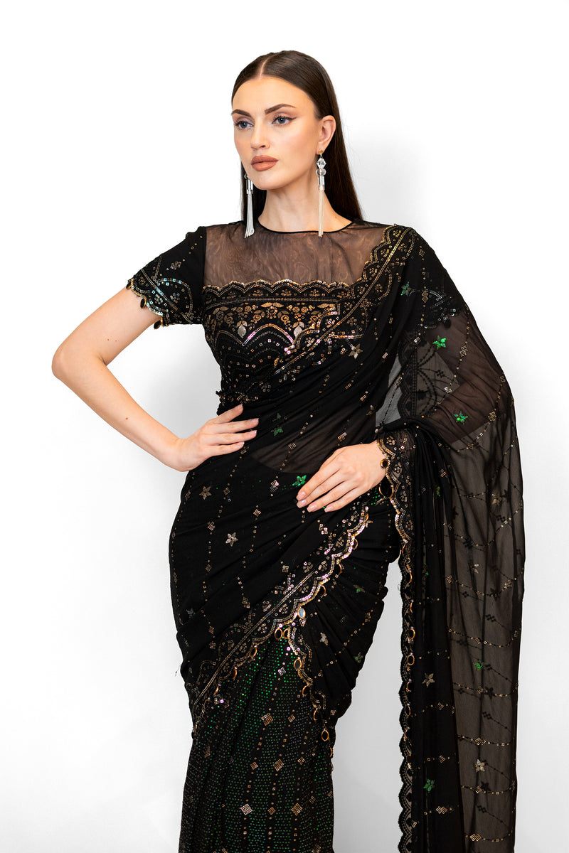 Black Stitched Georgette SAIRAA SARI SET