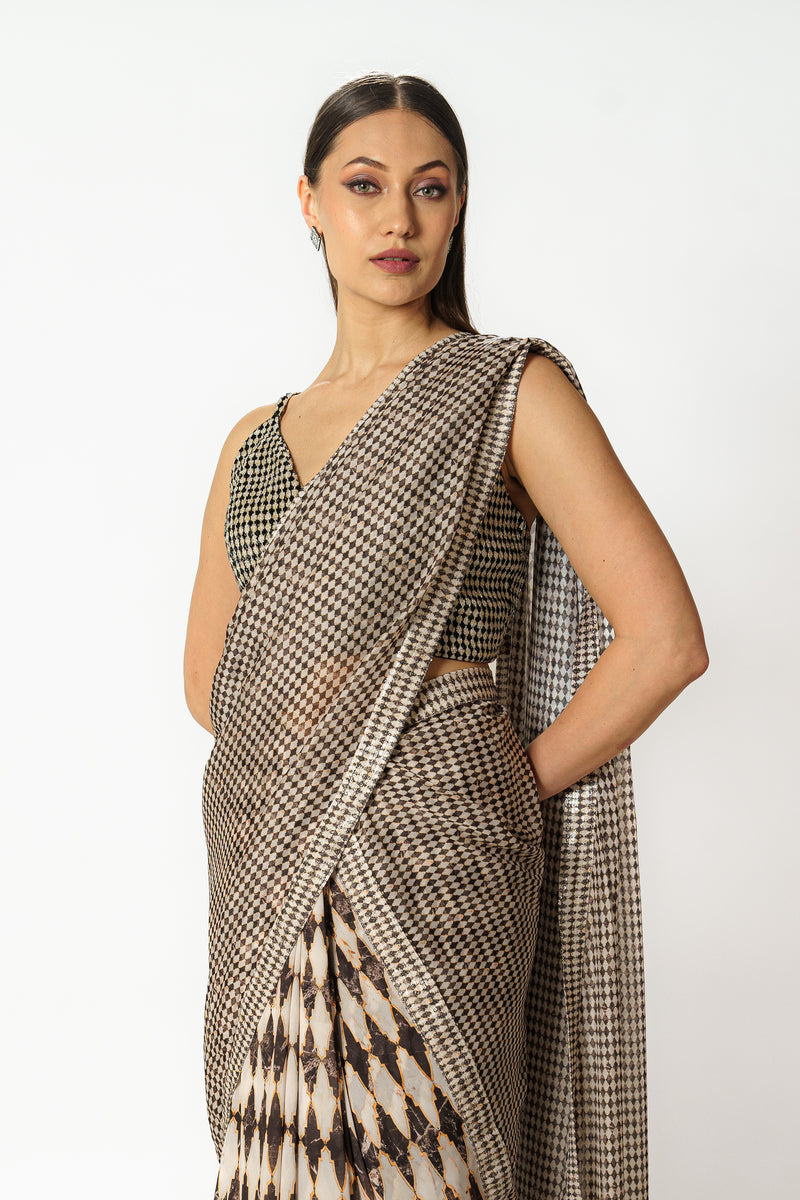 Adha black and white printed lehenga sari set