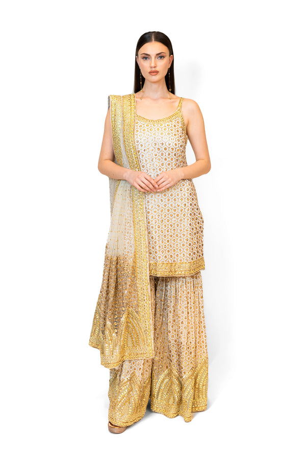 Ivory & Gold Embroidered Georgette RRHEA KURTA SET