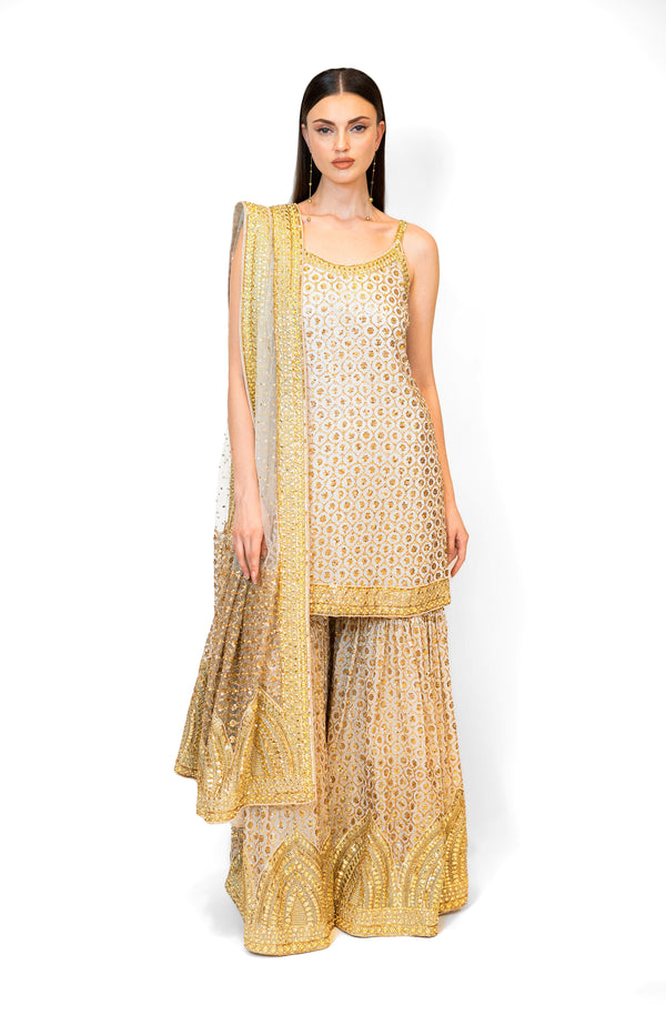Ivory & Gold Embroidered Georgette RRHEA KURTA SET
