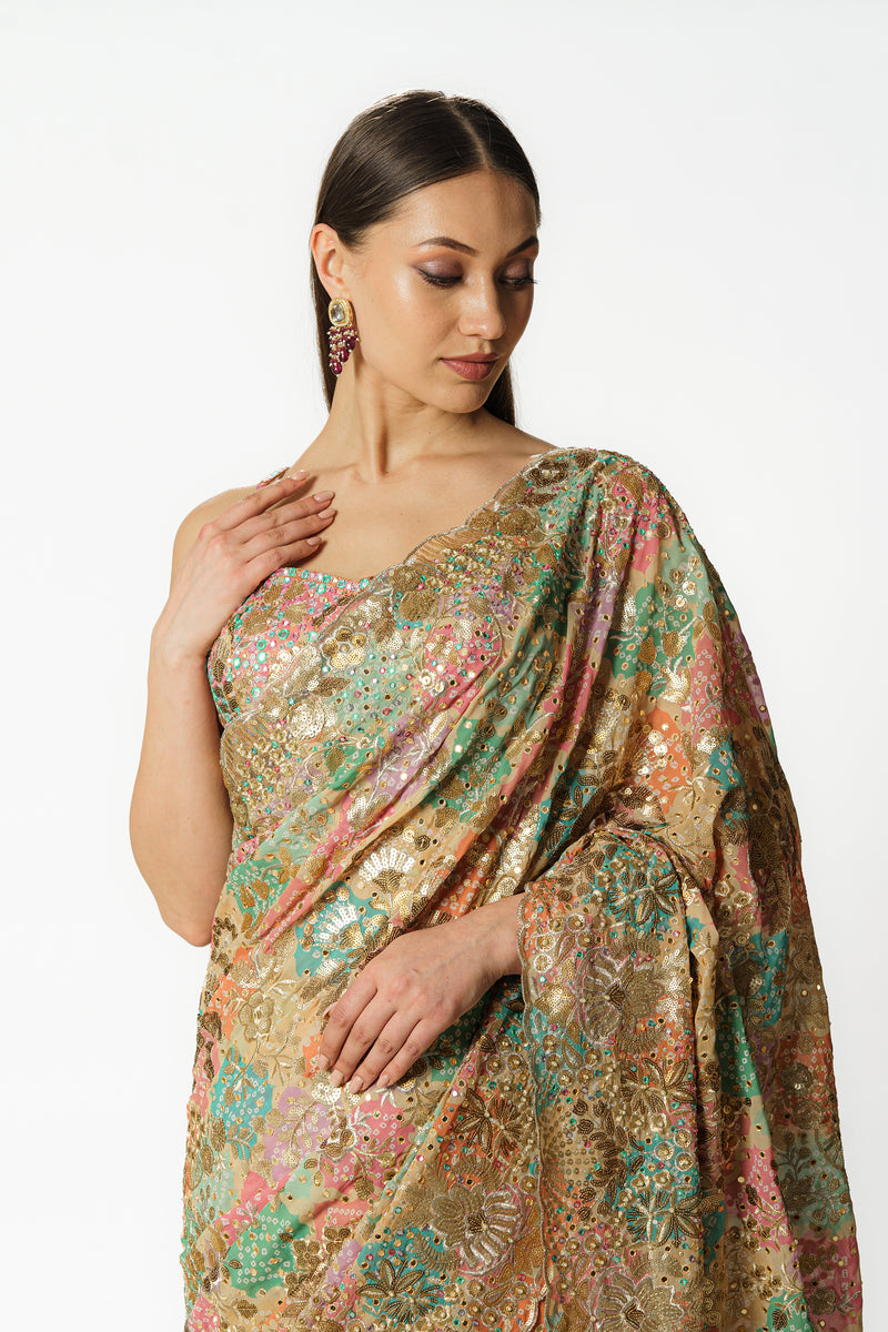 Zaynab multi color bandhani sari set