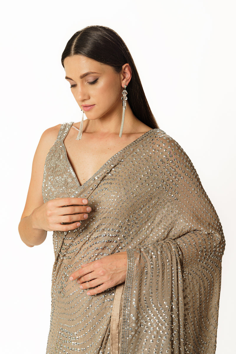 Zaynab silver grey shimmer jaal sari