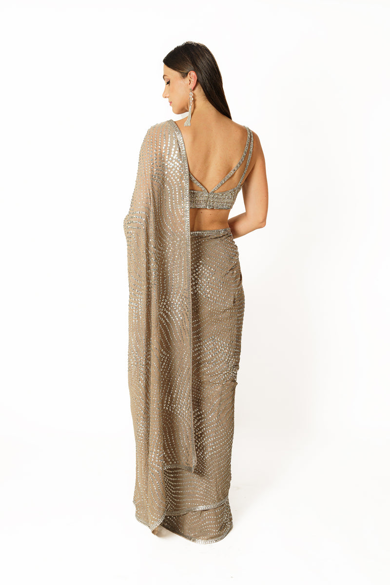 Zaynab silver grey shimmer jaal sari