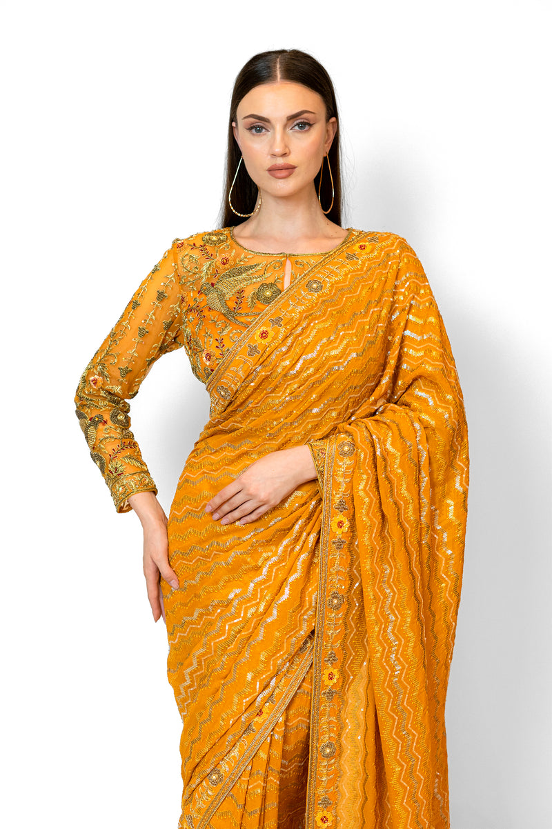 Mustard Yellow Sequined Georgette ZAYNAB SARI SET