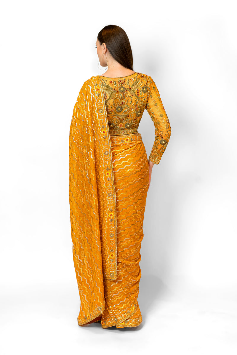 Mustard Yellow Sequined Georgette ZAYNAB SARI SET