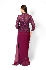 Prune Embroidered Jacket Chiffon Zaynab Sari Set