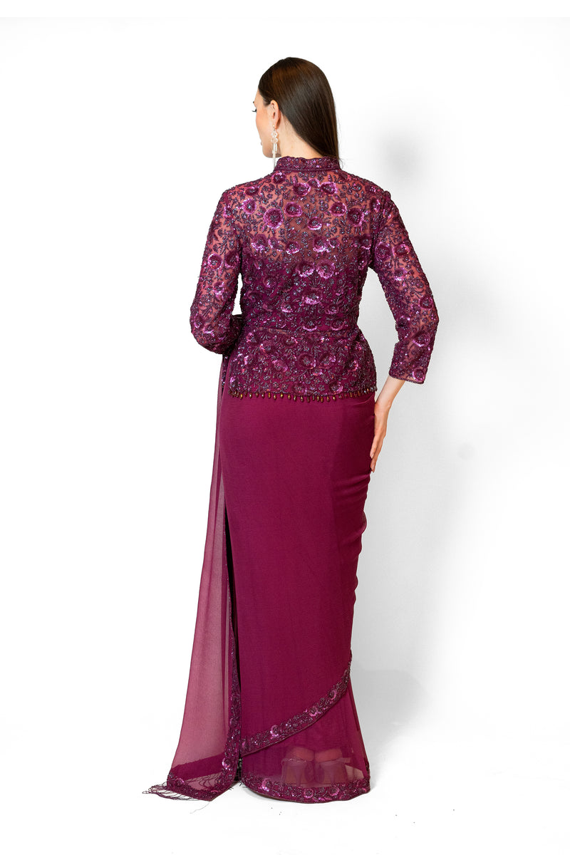 Prune Embroidered Jacket Chiffon Zaynab Sari Set
