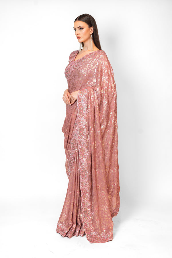 Old Rose Pink embroidered ZAYNAB SARI SET