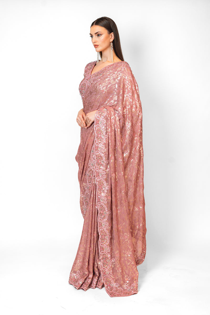 Old Rose Pink embroidered ZAYNAB SARI SET
