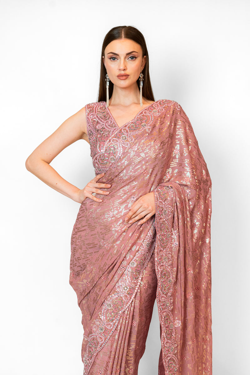Old Rose Pink embroidered ZAYNAB SARI SET