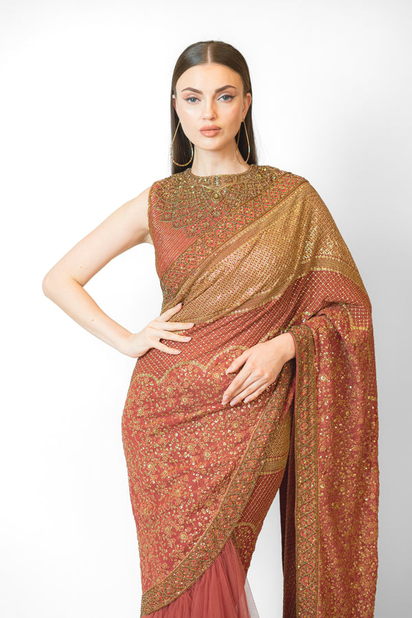 Brick Red & Gold Georgette SAIRAA SARI SET