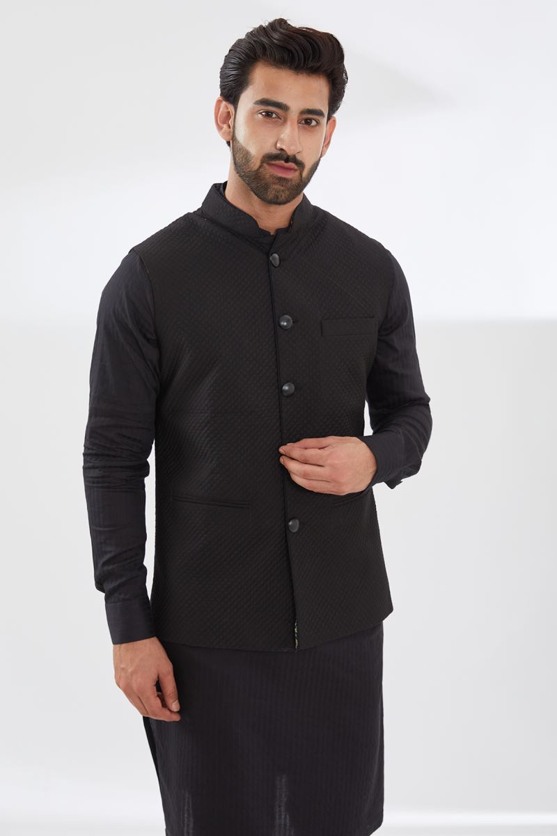 BLACK COTTON SILK KURTA AND PANTS WITH QUILTED BUNDI SET