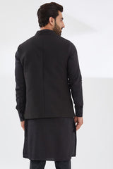 BLACK COTTON SILK KURTA AND PANTS WITH QUILTED BUNDI SET