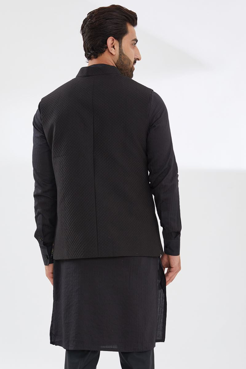 BLACK COTTON SILK KURTA AND PANTS WITH QUILTED BUNDI SET