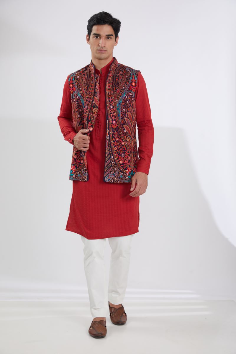 BLACK GEORGETTE MULTI RESHAM BUNDI, RED SELF COTTON KURTA & OFFWHITE PANTS