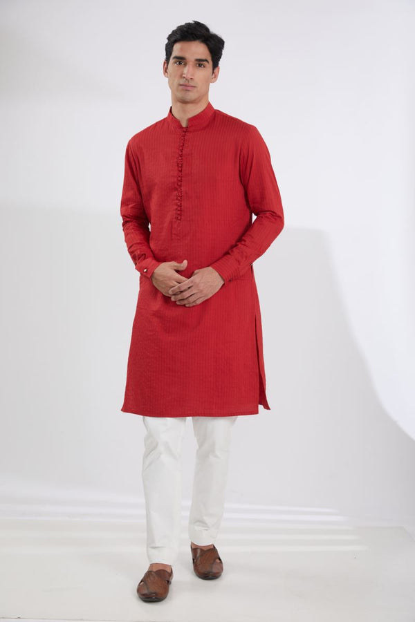 BLACK GEORGETTE MULTI RESHAM BUNDI, RED SELF COTTON KURTA & OFFWHITE PANTS