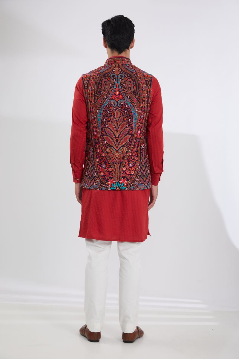 BLACK GEORGETTE MULTI RESHAM BUNDI, RED SELF COTTON KURTA & OFFWHITE PANTS