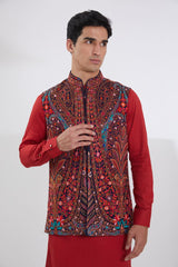 BLACK GEORGETTE MULTI RESHAM BUNDI, RED SELF COTTON KURTA & OFFWHITE PANTS