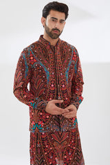 BLACK MULTI COLOR RESHAM UNLINED KURTA AND BUNDI WITH PANTS