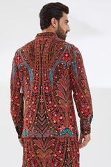 BLACK MULTI COLOR RESHAM UNLINED KURTA AND BUNDI WITH PANTS
