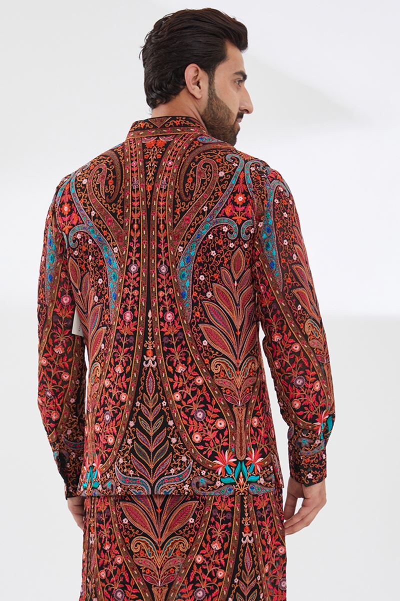 BLACK MULTI COLOR RESHAM UNLINED KURTA AND BUNDI WITH PANTS
