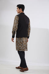 BLACK QUILTED BUNDI WITH BLACK MULTI RESHAM JAAL KURTA AND PANTS
