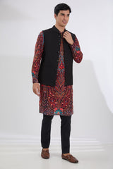 BLACK QUILTED BUNDI WITH MULTI RESHAM JAAL KURTA AND PANTS
