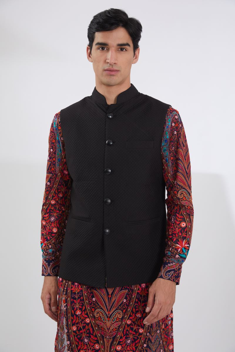 BLACK QUILTED BUNDI WITH MULTI RESHAM JAAL KURTA AND PANTS