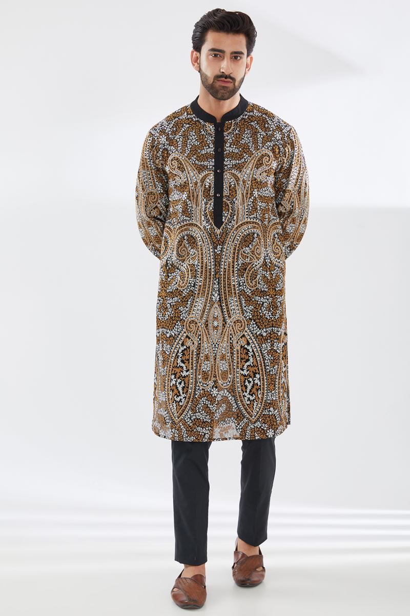 BLACK WITH IVORY/GOLD KASHMIRI EMBROIDERED UNLINED KURTA AND PANTS