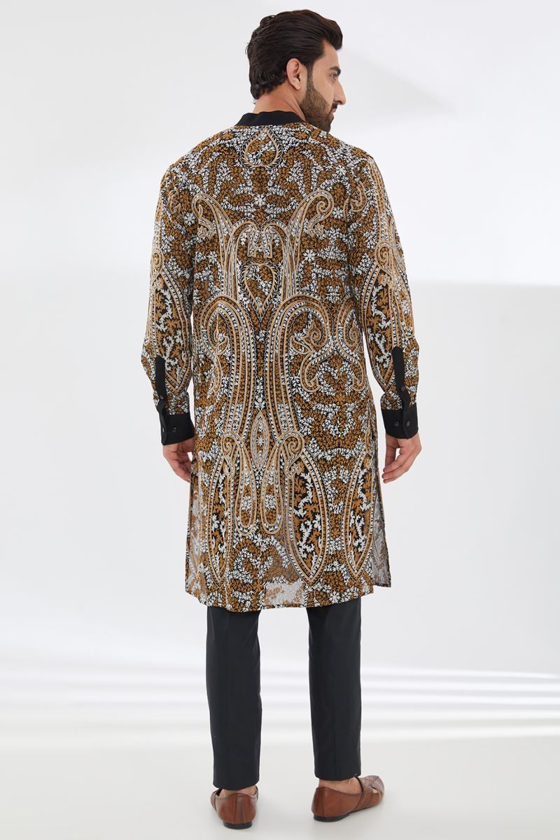 BLACK WITH IVORY/GOLD KASHMIRI EMBROIDERED UNLINED KURTA AND PANTS
