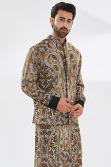 BLACK WITH IVORY/GOLD KASHMIRI EMBROIDERY KURTA BUNDI SET