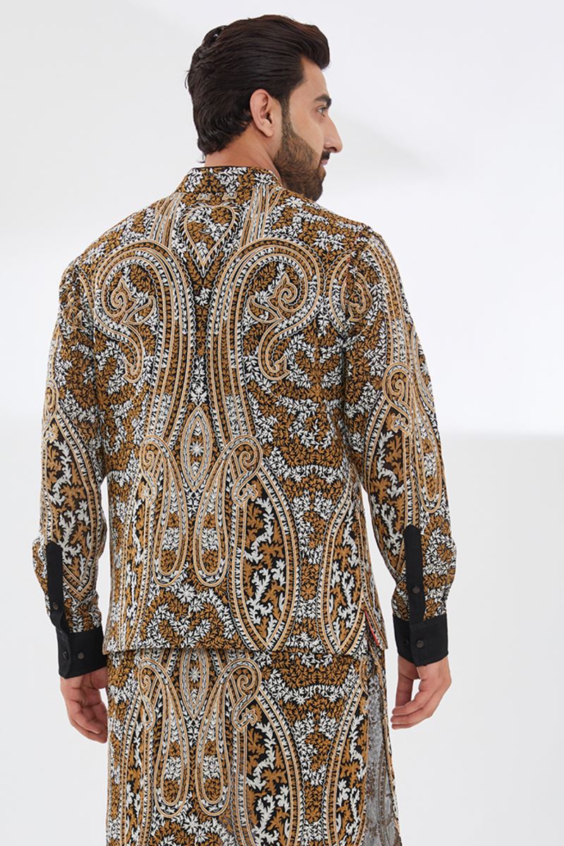 BLACK WITH IVORY/GOLD KASHMIRI EMBROIDERY KURTA BUNDI SET