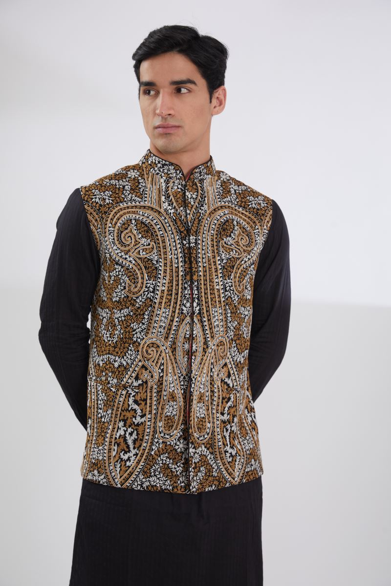 BLACK WITH MULTI RESHAM BUNDI, SELF COTTON KURTA AND PANTS