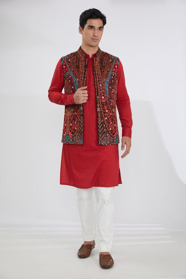 BLUE GORGETTE MULTI RESHAM BUNDI WITH RED SELF COTTON KURTA AND OFFWHITE PANTS