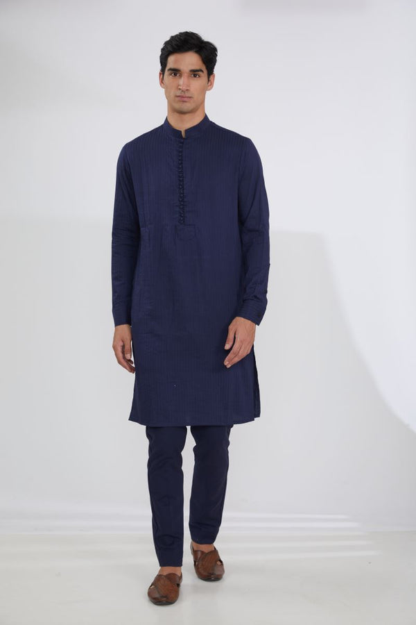 BLUE GEORGETTE WITH RED RESHAM BUNDI, BLUE SELF COTTON KURTA AND PANTS