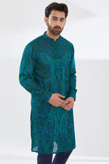 BLUE GORGETTE WITH TURQUOISE/GREEN RESHAM JAAL KURTA AND BLUE PANTS