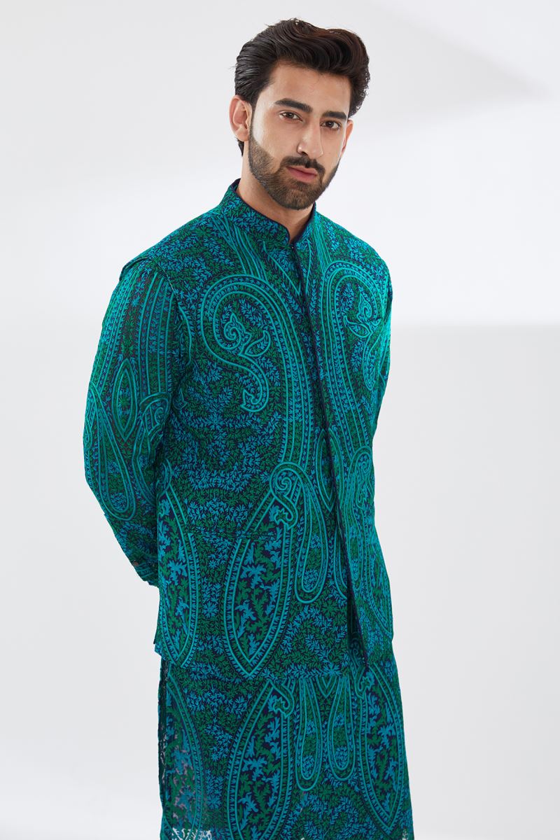 BLUE GORGETTE WITH TURQUOISE/GREEN RESHAM JAAL UNLINED KURTA AND BUNDI WITH BLUE PANTS