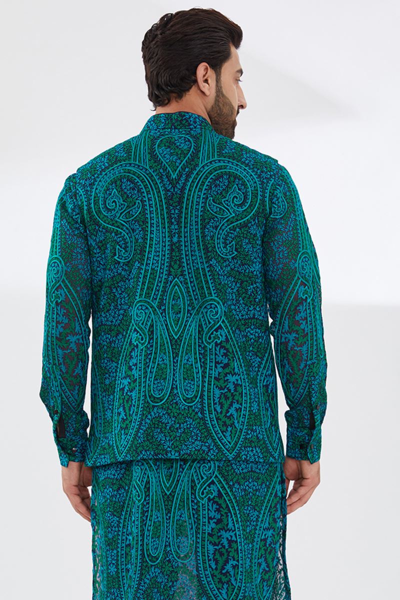 BLUE GORGETTE WITH TURQUOISE/GREEN RESHAM JAAL UNLINED KURTA AND BUNDI WITH BLUE PANTS