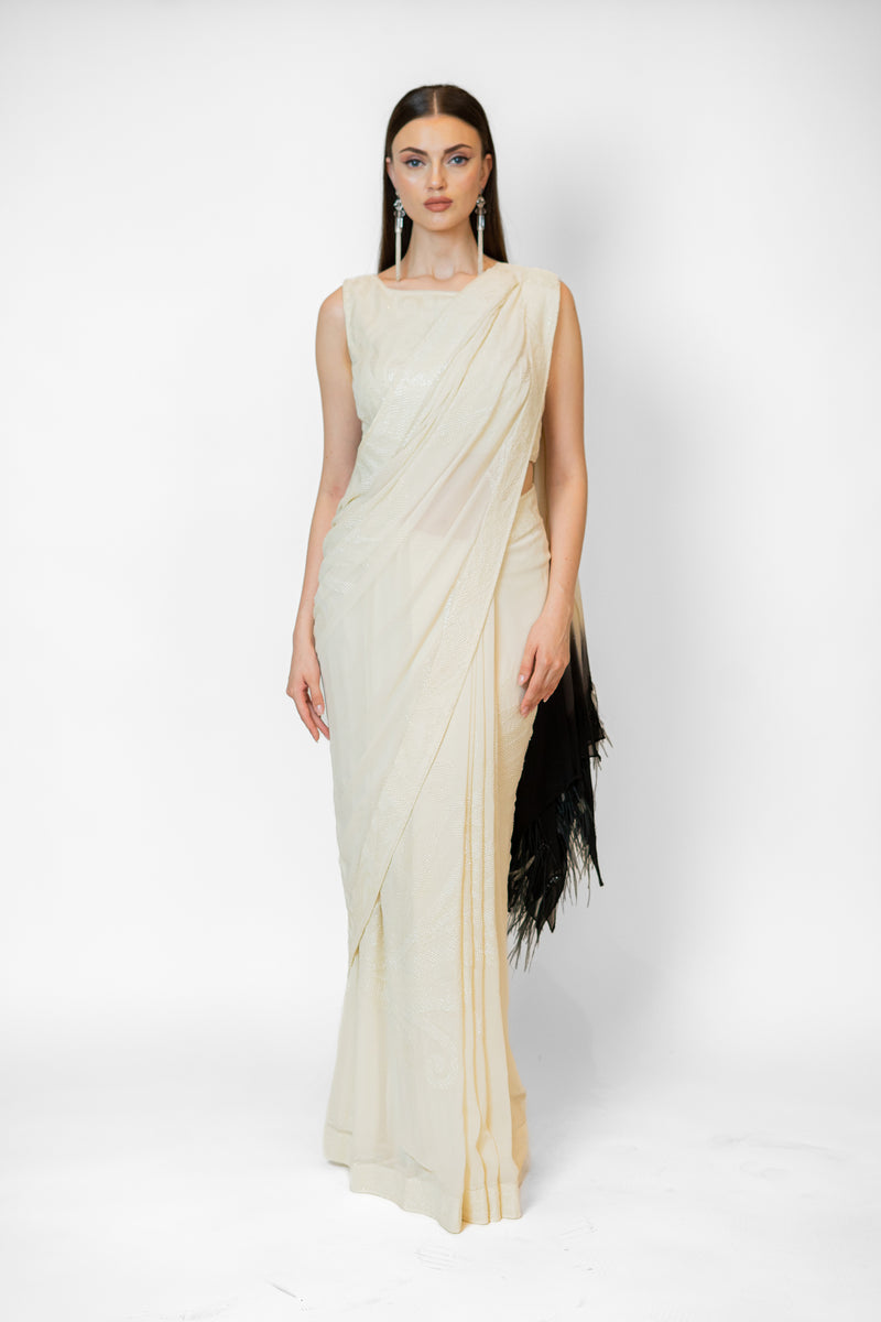 Ivory with Black Feathers Palla Georgette Zaynab Sari Set