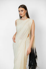 Ivory with Black Feathers Palla Georgette Zaynab Sari Set