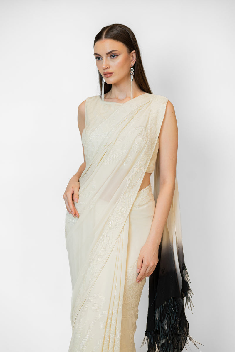 Ivory with Black Feathers Palla Georgette Zaynab Sari Set