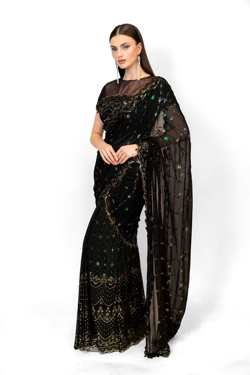 Black Stitched Georgette SAIRAA SARI SET
