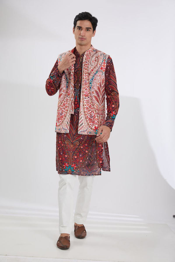 IVORY MULTI RESHAM BUNDI WITH BLACK MULTI RESHAM KURTA AND OFFWHITE  PANTS