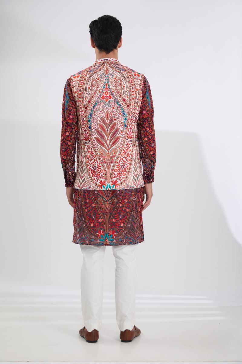 IVORY MULTI RESHAM BUNDI WITH BLACK MULTI RESHAM KURTA AND OFFWHITE  PANTS