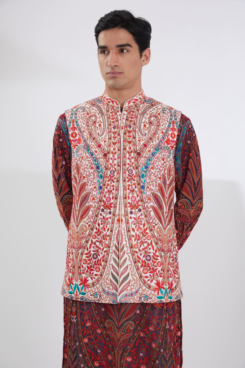 IVORY MULTI RESHAM BUNDI WITH BLACK MULTI RESHAM KURTA AND OFFWHITE  PANTS