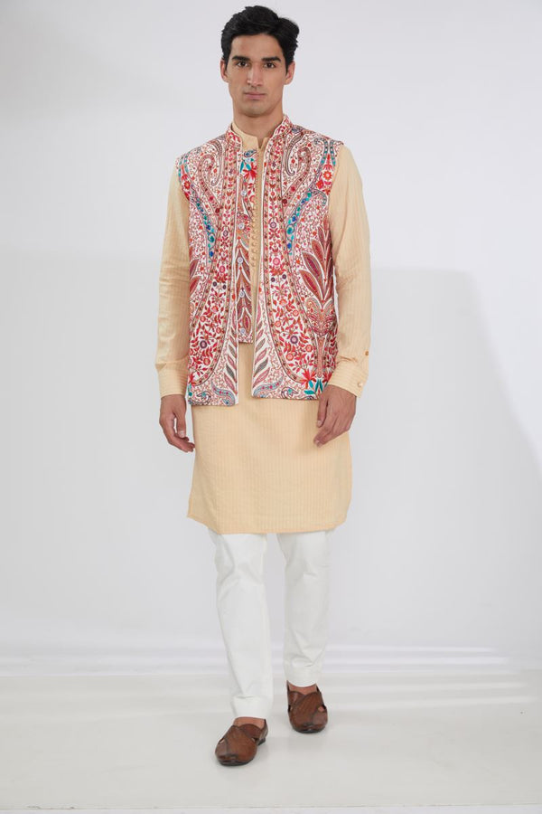 IVORY MULTI RESHAM BUNDI WITH CREAM SELF COTTON KURTA AND OFFWHITE  PANTS